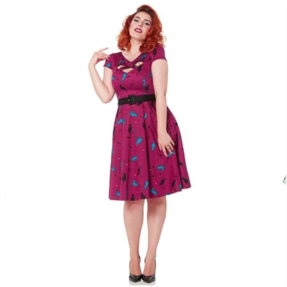 Voodoo Vixen Cat Print Midi Dress Pin Up Size Large